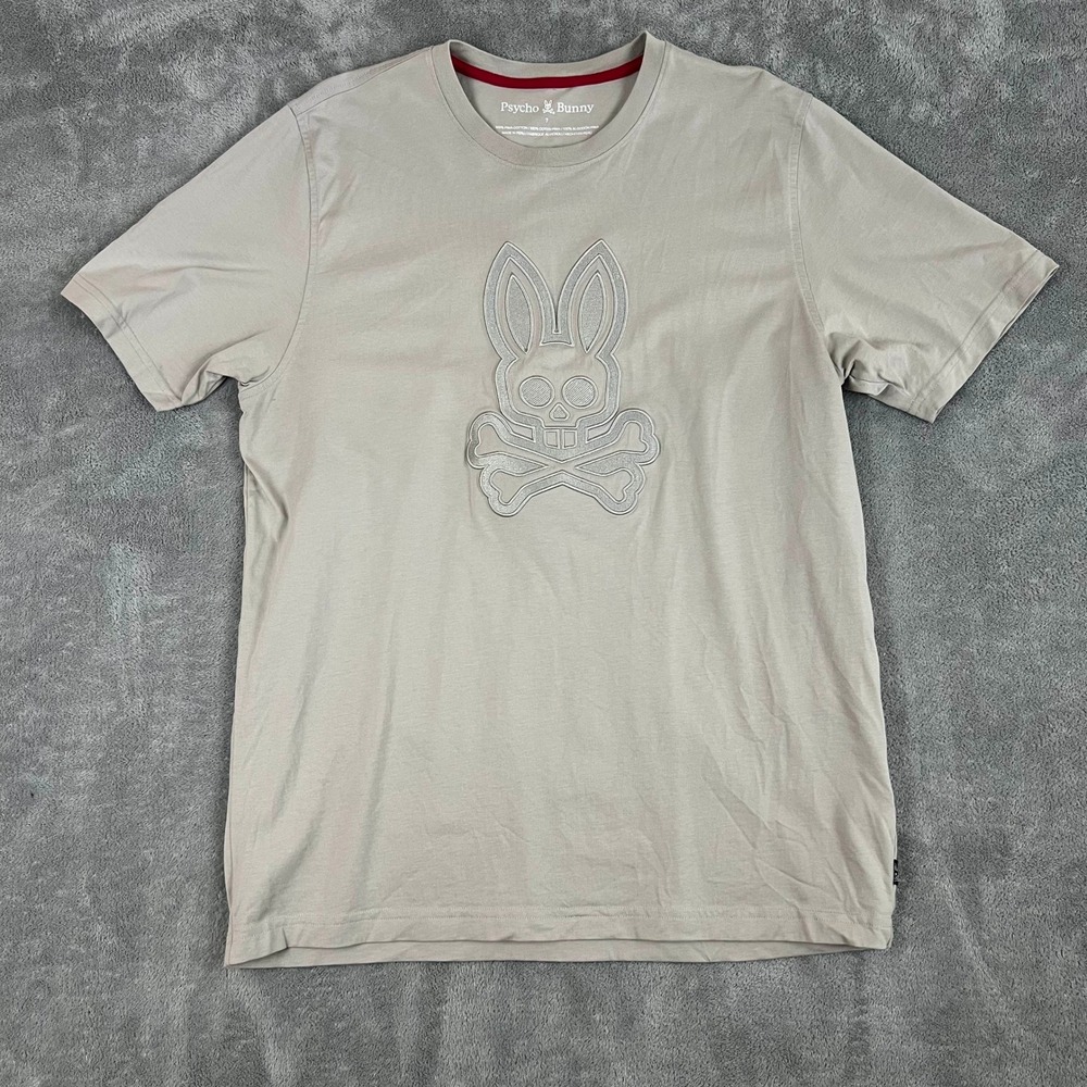 Psycho Bunny‎ Graphic Tee Mens 7 Beige Embroidered Bunny Skull Crossbones